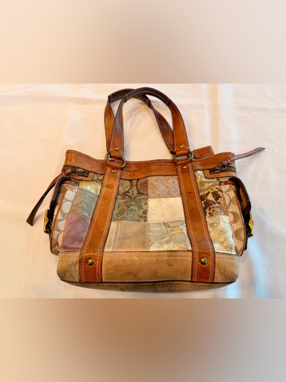 Coach No 10002 Gold Tan Patchwork Tote Satchel As-Is